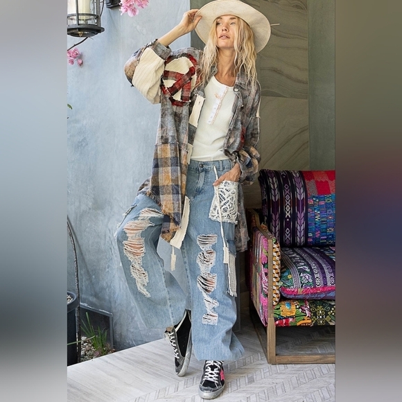 NWT POL Peace Plaid Patchwork Oversize Button down Bohemian Shirt Shacket - Picture 4 of 10
